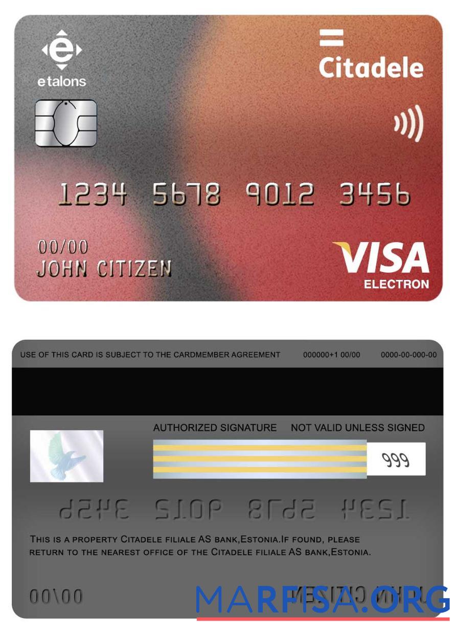 Blank Estonia Citadele Filiale AS bank visa electron card template
